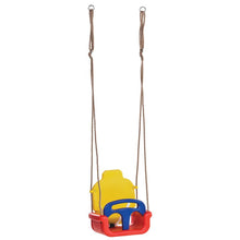 Load image into Gallery viewer, A plastic baby swing seat with a yellow backrest, red base, blue front handle, and brown hanging ropes on a plain white background.