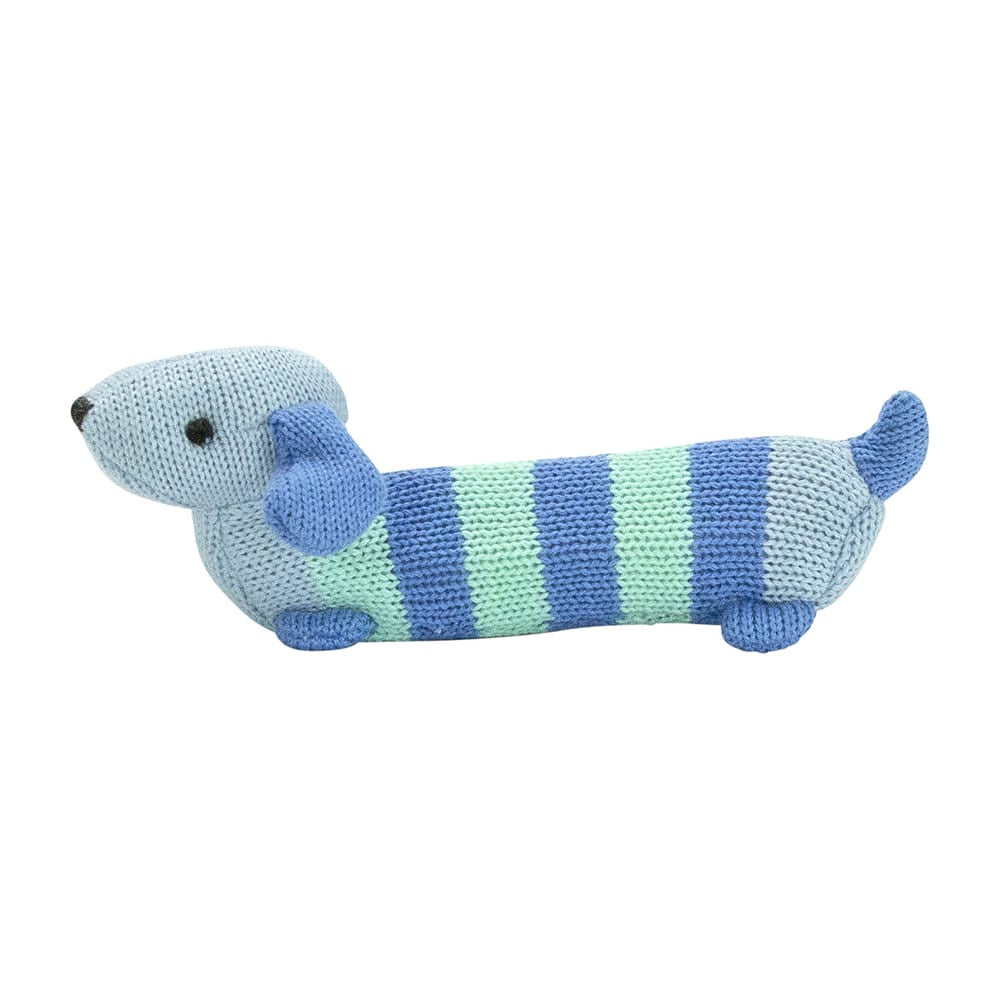 Dachshund Baby Knitted Hand Rattle - Blue