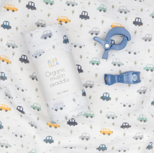 Load image into Gallery viewer, All 4 Ella Muslin Swaddle &amp; Pram Peg Baby Gift Set: Cars