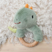 Load image into Gallery viewer, Snuggle Buddy Minty Dinosaur Wooden Ring Rattle