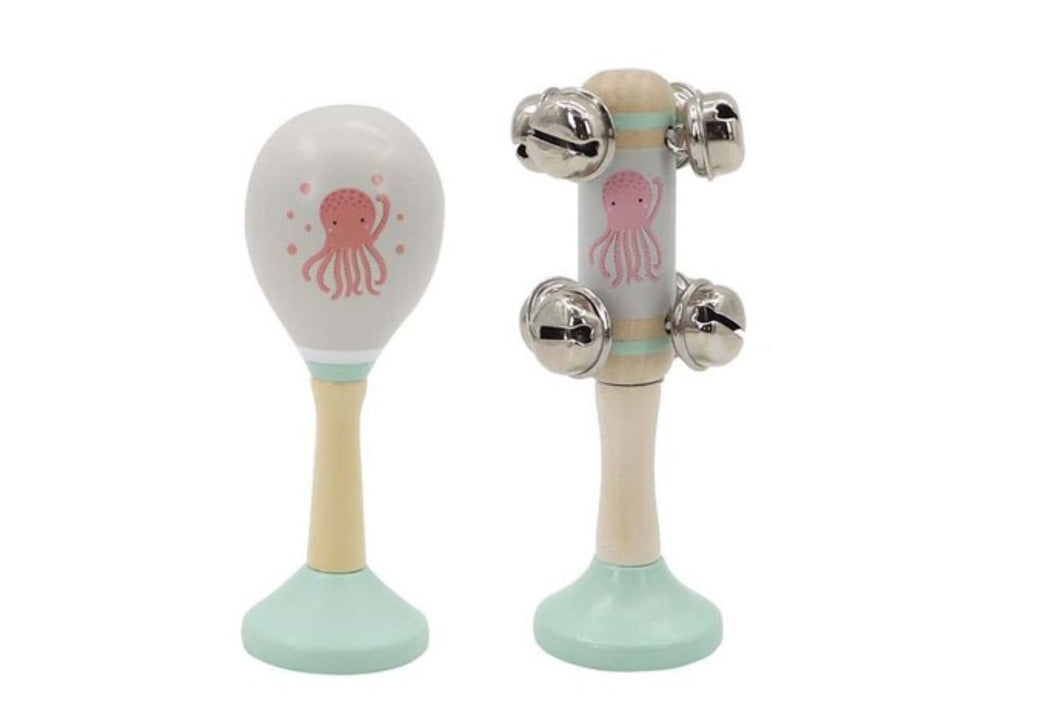 Wooden Maracca & Bell Stick Musical Set: Octopus