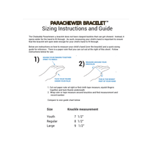 Load image into Gallery viewer, A sizing instructions and guide sheet for a parachute bracelet, showing numbered hand-measurement steps with hand illustrations and a size knuckle measurement chart.