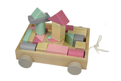 Wooden Blocks and Pull-along Cart: Pink/Blue